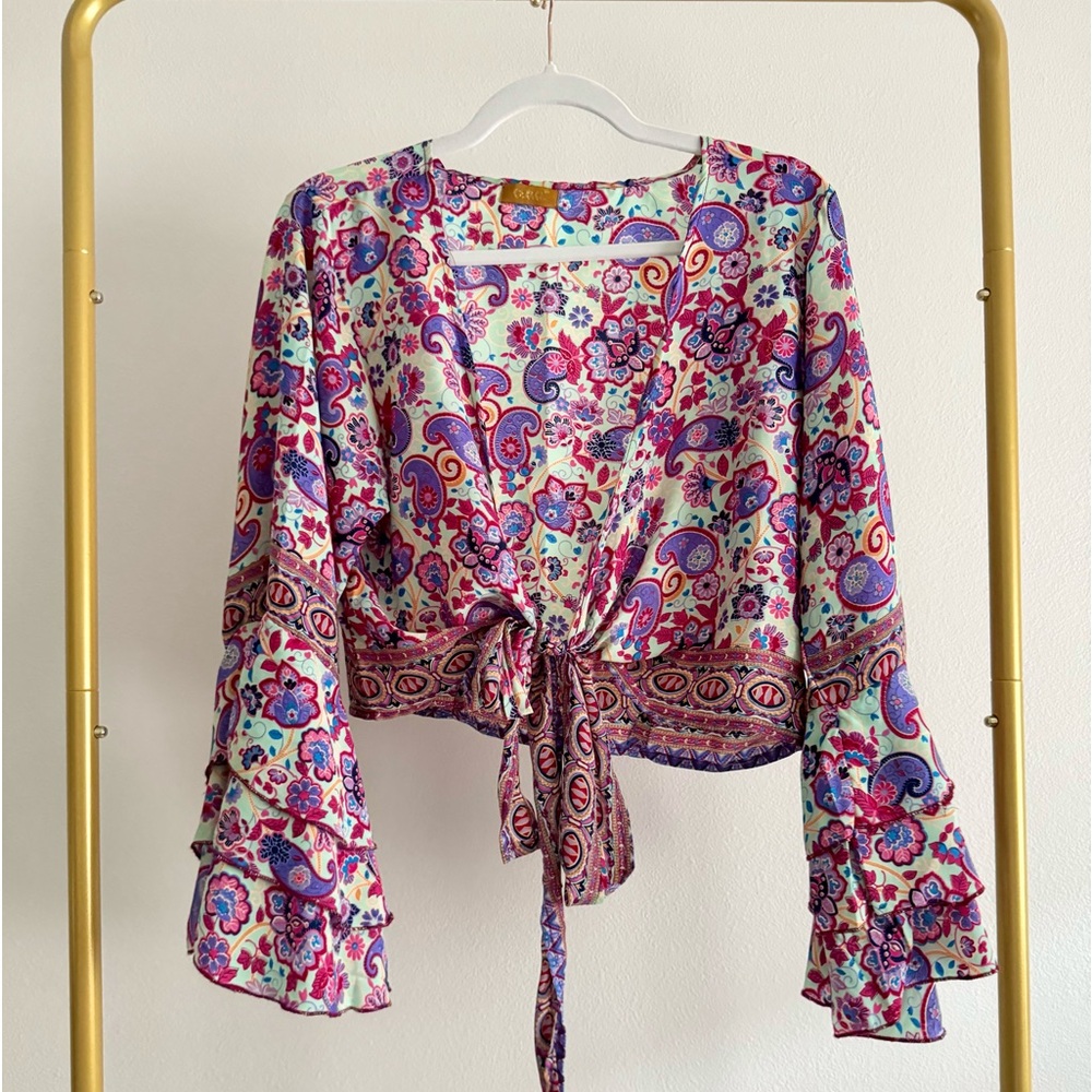 O.P.C Silk Blend‎ Front Tie Top Ruffle Bell Sleeve Fairy Hippie Boho Floral